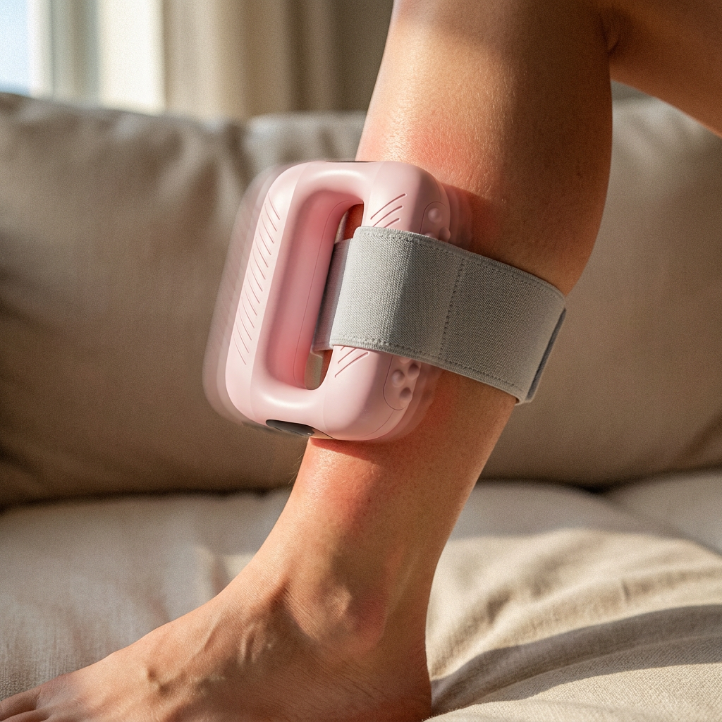 Woman reading the Body Reset Guide with Vaebo Pro Mini strapped on her leg