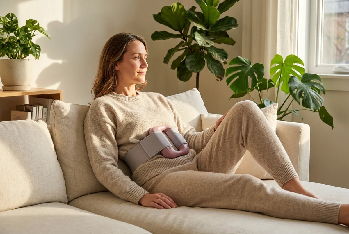 Woman reading the Body Reset Guide with Vaebo Pro Mini strapped on her leg